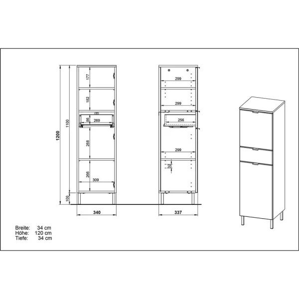 34x120x34 Badschrank 2-türig & Schublade – Narilos 7